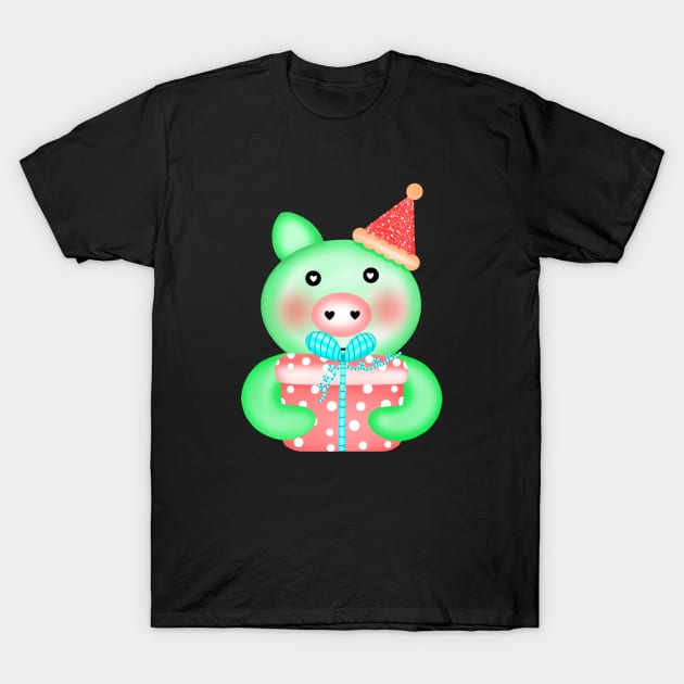 Cute pig with gift box T-Shirt by Onanong art design shop.